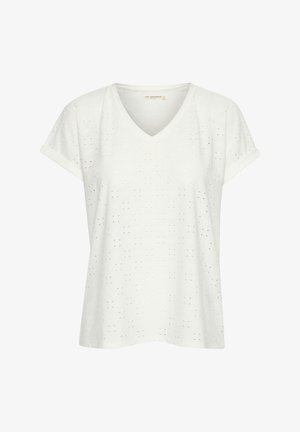 Biele tričko s výstrihom do V a krátkymi rolled rukávmi, so štruktúrovaným vzorom očiek po celom povrchu. Vyrobené z ľahkej bavlnenej tkaniny.