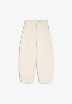 Hoch taillierte, weit geschnittene, cremefarbene Hose mit Knopf- und Reißverschluss vorne, zwei Vorder- taschen und Gürtelschlaufen.