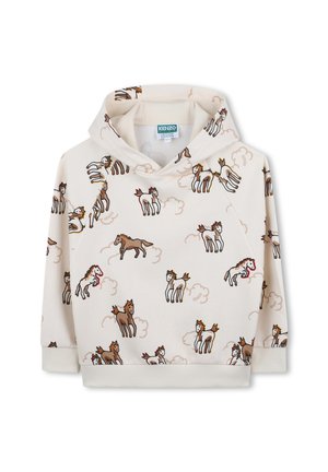 Sudadera con capucha para niños en color crema con estampado integral de caballo de dibujos animados en tonos marrón y blanco, con puños en las mangas y en el bajo.