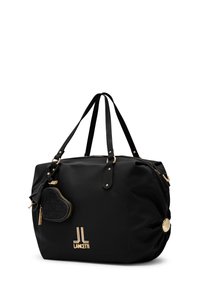 Borsa a mano in pelle nera con logo dorato, manici superiori e una piccola pochette con cerniera a forma di cuore attaccata. Presenta una texture liscia e dettagli in metallo dorato.