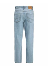 Lichtblauwe denim jeans met een rechte pijp, voorzien van twee achterzakken en een leren label met merk aan de taille.