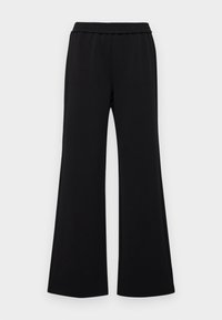 Μαύρο, φαρδύ παντελόνι με ελαστική μέση και απαλό ύφασμα. Έχει κλασικό σχέδιο χωρίς επιπλέον σχέδια ή αξεσουάρ.