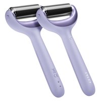 Lila ansiktsroller med två strukturerade metallrullar, ergonomiskt handtag med knappar och varumärke på sidan. Slät och elegant design.