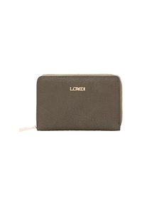 Olive green leather wallet with a textured finish, gold-tone hardware, and a zip closure. Features an embossed logo on the front.