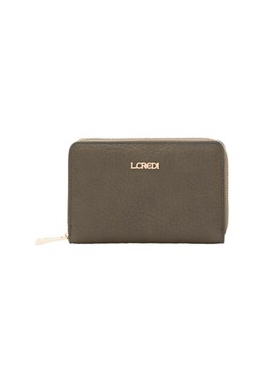 Olive green leather wallet with a textured finish, gold-tone hardware, and a zip closure. Features an embossed logo on the front.
