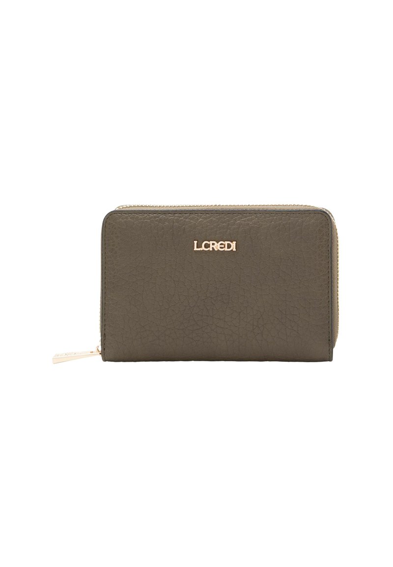 Olive green leather wallet with a textured finish, gold-tone hardware, and a zip closure. Features an embossed logo on the front.