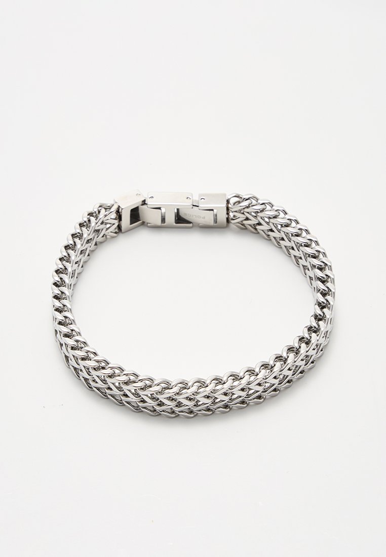 Stříbrný náramek z řetízku s pleteným designem, hladkým povrchem a uzávěrem s leštěnými detaily.