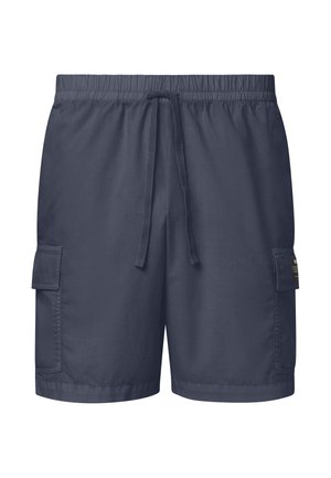 Bañador corto para hombre en azul marino con cintura elástica, cordón ajustable y bolsillos laterales tipo cargo con solapas.