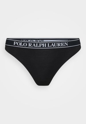 Črne tangice z teksturiranim telesom in širokim pasom, z logotipom "POLO RALPH LAUREN" v belem. Klasična zasnova. Mehka material.