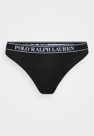 Juodas thong'as su tekstūruotu paviršiumi ir plačia juosta, ant kurios yra balta "POLO RALPH LAUREN" logotipas. Klasikinis dizainas. Minkšta medžiaga.