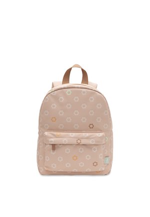 Kleine beige rugzak met pastel bloemenpatroon, voorvak met rits en een tan handvat op een witte achtergrond.