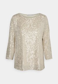 Top in bronzo con paillettes, maniche lunghe, scollo rotondo, foderato internamente in modo liscio, che mette in mostra un motivo testurizzato luccicante in tutta la sua superficie.