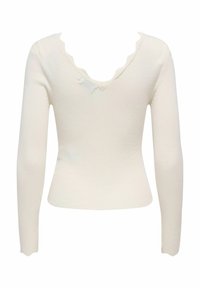 Długi rękaw, prążkowana bluzka w odcieniu off-white, z falbanistym dekoltem w kształcie litery V oraz dopasowanym krojem. Gładka tekstura z elastycznością.