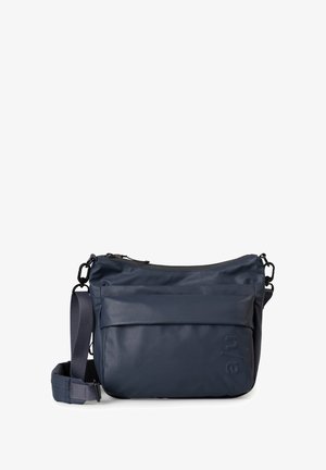 Navy blue crossbody bag made of smooth, water-resistant material. Features adjustable strap, top zipper closure, and front pocket detail.