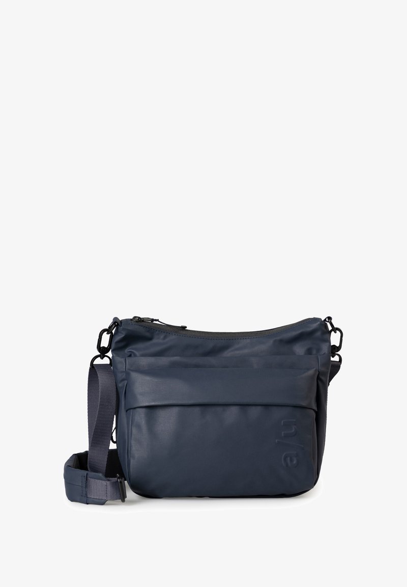 Navy blue crossbody bag made of smooth, water-resistant material. Features adjustable strap, top zipper closure, and front pocket detail.
