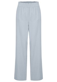 Lichtblauwe, wijde broek met een elastische tailleband, gemaakt van een zachte stof. Heeft een rechte snit, geen zakken en een eenvoudig ontwerp.