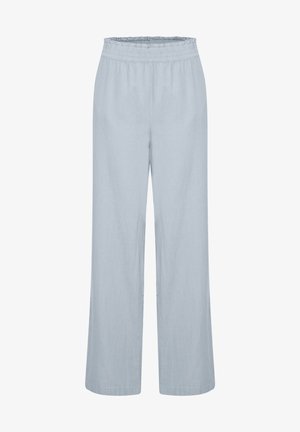 Vaaleansiniset, leveälahkeiset housut, joissa on joustava vyötärö, valmistettu pehmeästä kankaasta. Ominaisuudet suora leikkaus, ei taskuja ja yksinkertainen muotoilu.