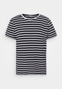 Koszulka w czarno-białe paski, krótki rękaw, okrągły dekolt, materiał bawełniany, prosty krój, z wyraźnymi poziomymi paskami.