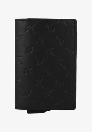Černá kožená peněženka s vyraženým květinovým vzorem, kompaktní obdélníkový tvar, hladká textura a kontrastní šití.