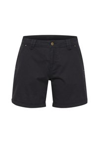 Pantalones cortos de algodón negros con cierre de botón, con dobladillos enrollados y bolsillos frontales. Textura suave con detalles de costura sutiles.