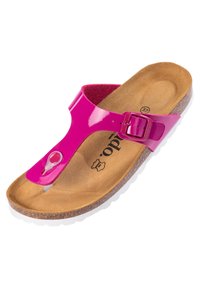 Sandal in gomma sintetica rosa con fibbia, soletta in sughero, suola bianca e finitura lucida. Caratterizzata da un piccolo accento circolare e logo sulla soletta.