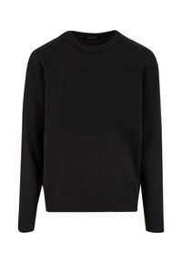 Schwarzer Pullover mit runder Ausschnitt, der ein strukturiertes Oberteil und ein glattes Unterteil aufweist. Gerippte Bündchen und Saum sorgen für einen figurbetonten Abschluss.