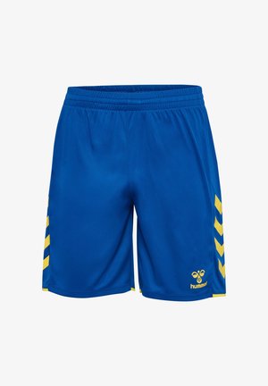 Blaue Sportshorts mit gelben Chevron-Streifen an den Seiten und gelbem Hummel-Logo am unteren rechten Bein, elastischer Bund.