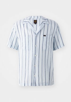 Short-sleeve shirt in light blue linen with vertical dark blue pinstripes, two front pockets, a notched collar, and button closure.