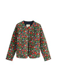 Veste matelassée à fleurs avec un intérieur bleu marine, arborant des motifs de fleurs rouges, roses et vertes sur un fond vert foncé et des manches longues.