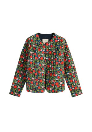 Floral quilted jacket with a navy blue interior, featuring red, pink, and green flower patterns on a dark green background and long sleeves.