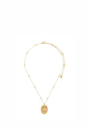 Kuldne kett-kaelakee väikeste helmeste ja ovaalse ripatsiga, millel on lille- ja lammaste sarvede graveeringud.