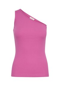 Top asimétrico de un solo hombro en rosa brillante, hecho de material acanalado. Silueta ajustada con textura suave y dobladillo limpio.