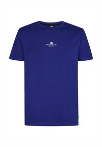 Maglietta in cotone blu con maniche corte, colletto tondo e logo stampato bianco "PETRO IND" sul davanti. Tessuto morbido, vestibilità casual.