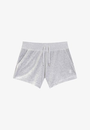 Lichtgrijze casual shorts met trekkoord in de taille en zijzakken, voorzien van een klein wit geborduurd logo op het onderste deel van het rechterbeen.