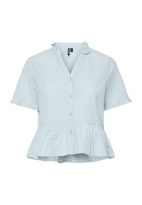 Blusa a maniche corte a quadretti blu e bianchi con orlo a frange, dotata di un frontale con bottoni e un colletto arruffato.