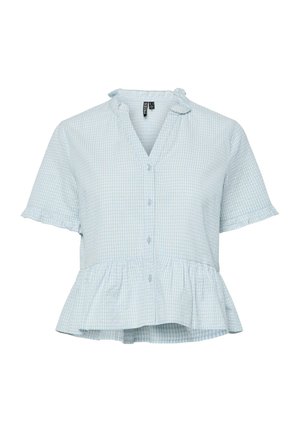 Blaue und weiße Karobluse mit kurzen Ärmeln und Rüschen-Saum, mit einer durchgehenden Knopfleiste und einem rüschierten Halsausschnitt.