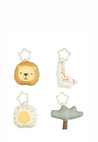 Set of four soft plush toys: lion, giraffe, sun, and tree, each featuring pastel colors and attached star-shaped clips for easy handling.