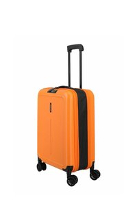 Helles orange Hartschalenkoffer mit schwarzem Reißverschluss und Griff, ausziehbare Teleskopstange und vier schwarzen Spinner-Rädern.