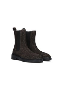 Pair of dark brown suede Chelsea boots with subtle leopard print, black elastic side panels, and black rubber soles.