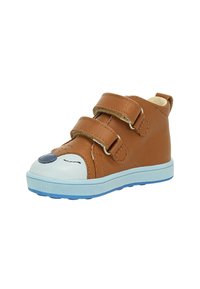 Sneaker in pelle marrone con suola in gomma blu, dotata di due cinturini in Velcro e design di volto di cane sulla punta con dettagli di cucitura a contrasto.