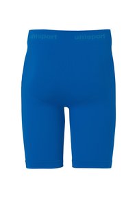 Pantalones cortos deportivos azules con un diseño ajustado, fabricados con material elástico. Presentan una cinturilla con marca y una textura suave.