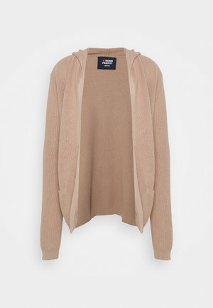 Cardigan en tricot beige ouvert sur le devant avec manches longues et capuche, étiqueté taille moyenne par la marque Denim Project.