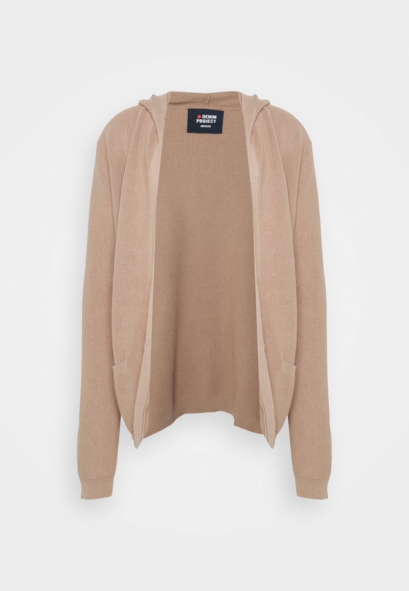 Cardigan en tricot beige ouvert sur le devant avec manches longues et capuche, étiqueté taille moyenne par la marque Denim Project.