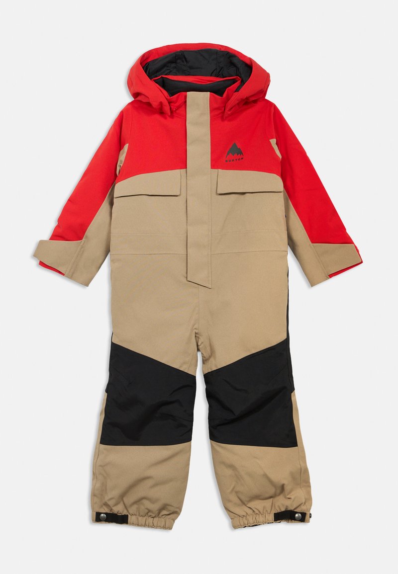 Eéndelige sneeuwoverall voor kinderen in rood en beige met zwarte accenten. Gemaakt van duurzaam materiaal, voorzien van een capuchon en meerdere zakken.