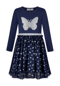 Námořnické šaty s dlouhým rukávem zdobené stříbrným třpytivým potiskem motýlka na korpusu a sukni z vrstveného tylu s vzory stříbrných motýlků.