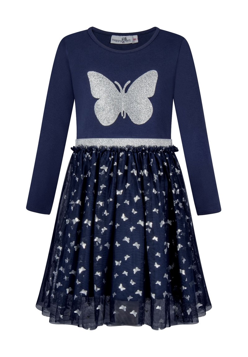 Námořnické šaty s dlouhým rukávem zdobené stříbrným třpytivým potiskem motýlka na korpusu a sukni z vrstveného tylu s vzory stříbrných motýlků.