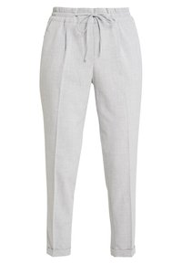 Light grey, woven trousers with a drawstring waistband, pleats, tapered legs, and cuffed hems. Smooth texture and lightweight material.