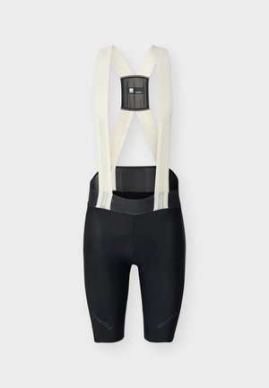 Pantaloni scurți ciclism negri cu bretele albe și o panelă spate căptușită, expuși pe un fundal neutru.