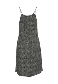 Robe noire à bretelles fines avec un corsage ajusté, une taille élastique et un motif de feuilles blanches dispersées.