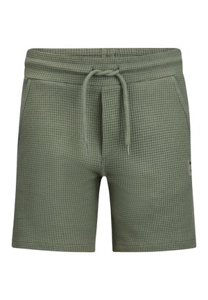 Zielone teksturowane szorty dzianinowe z elastycznym pasem, regulowanym sznurkiem i przednimi kieszeniami, zaprojektowane do noszenia na co dzień.
